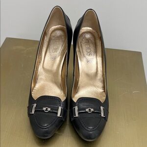 Tod's Black Leather Heels with Silver Buckle